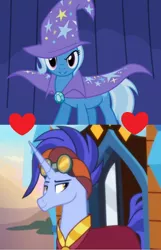 Size: 644x1000 | Tagged: safe, derpibooru import, edit, edited screencap, screencap, hoo'far, trixie, pony, boast busters, road to friendship, female, heart, male, shipping, shipping domino, straight, trixfar