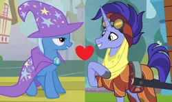 Size: 1146x684 | Tagged: safe, derpibooru import, edit, edited screencap, screencap, hoo'far, trixie, pony, boast busters, road to friendship, female, heart, male, shipping, shipping domino, straight, trixfar