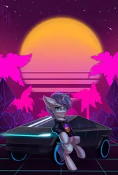 Size: 1021x1507 | Tagged: safe, artist:falafeljake, derpibooru import, oc, oc:tesseract, pony, unicorn, 1980's, car, outrun, solo, tesla, tesla cybertruck