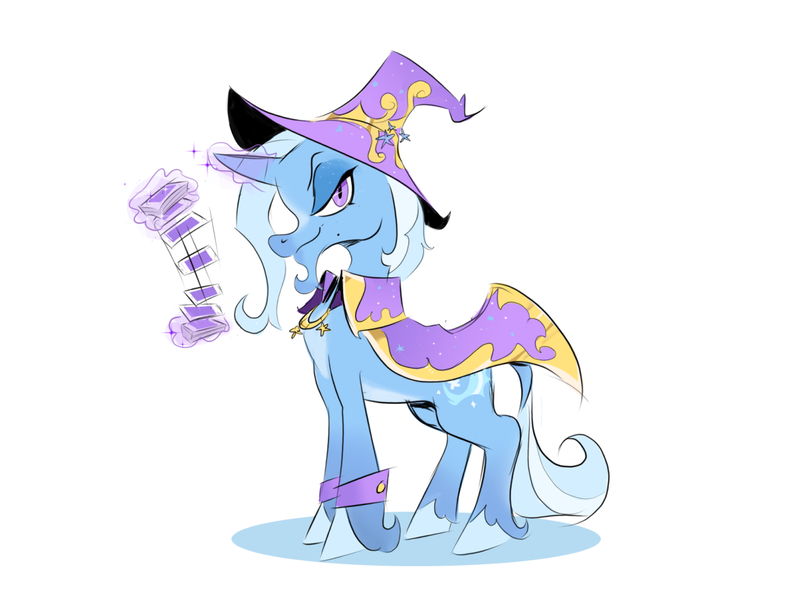 Size: 1280x974 | Tagged: safe, artist:cassettepunk, deleted from derpibooru, derpibooru import, trixie, classical unicorn, pony, unicorn, cape, clothes, cloven hooves, cuffs (clothes), hat, leonine tail, looking at you, playing card, solo, trixie's cape, trixie's hat, unshorn fetlocks