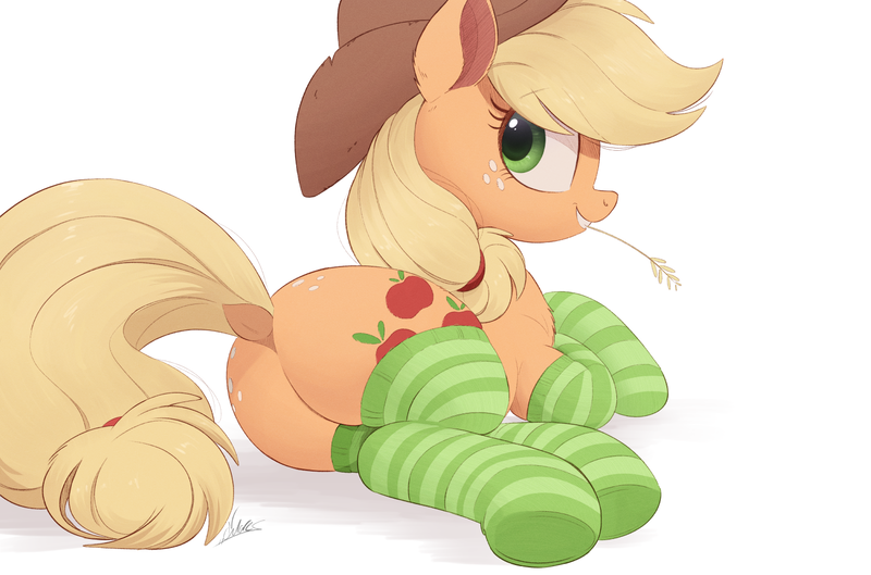 Size: 1500x992 | Tagged: safe, artist:ncmares, derpibooru import, applejack, earth pony, pony, /mlp/, applebutt, applejack's hat, butt, butt freckles, chest fluff, clothes, cowboy hat, cute, dock, ear fluff, female, freckles, hat, image, jackabetes, looking back, lying down, mare, plot, png, profile, simple background, smiling, socks, solo, straw in mouth, striped socks, white background