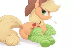 Size: 1500x992 | Tagged: safe, artist:ncmares, derpibooru import, applejack, earth pony, pony, /mlp/, applebutt, applejack's hat, butt, butt freckles, chest fluff, clothes, cowboy hat, cute, dock, ear fluff, female, freckles, hat, image, jackabetes, looking back, lying down, mare, plot, png, profile, simple background, smiling, socks, solo, straw in mouth, striped socks, white background