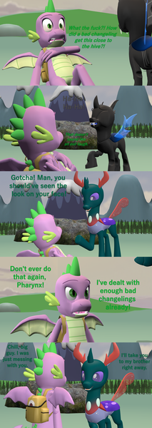 Size: 1920x5400 | Tagged: 3d, angry, artist:papadragon69, backpack, changedling, changeling, comic, comic:spike's cyosa, cyoa, derpibooru import, disguise, disguised changeling, dragon, older, older spike, pharynx, prank, prince pharynx, rock, safe, source filmmaker, spike, teenager, teenage spike, vulgar, winged spike