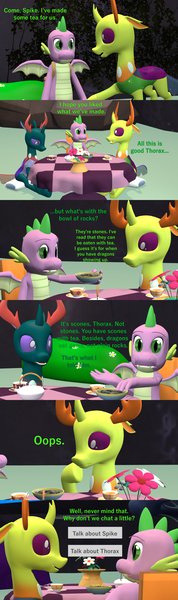 Size: 1920x6480 | Tagged: 3d, artist:papadragon69, backpack, changedling, changedling brothers, changeling, changeling hive, choice, comic, comic:spike's cyosa, cup, cyoa, derpibooru import, dragon, food, king thorax, older, older spike, pharynx, prince pharynx, rock, safe, source filmmaker, spike, table, tea, teacup, teenager, teenage spike, thorax, winged spike