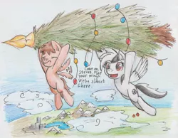 Size: 1014x788 | Tagged: safe, artist:khaki-cap, derpibooru import, oc, oc:penalty, oc:steven, pegasus, pony, christmas, christmas tree, flying, hearth's warming eve, holiday, pegasus oc, pencils, scenery, traditional art, tree, wings