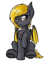 Size: 931x1296 | Tagged: safe, artist:notimportantinternetperson, derpibooru import, oc, oc:暗暉, unofficial characters only, bat pony, pony, 2020 community collab, derpibooru community collaboration, bat pony oc, bat wings, glasses, male, one eye closed, raised hoof, simple background, sitting, smiley face, solo, stallion, transparent background, wings