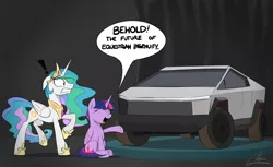 Size: 3803x2326 | Tagged: safe, artist:oinktweetstudios, derpibooru import, princess celestia, twilight sparkle, twilight sparkle (alicorn), alicorn, pony, car, tesla, tesla cybertruck