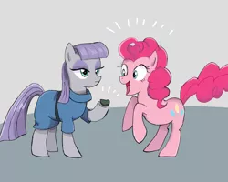 Size: 1000x800 | Tagged: safe, artist:yuniuni11, derpibooru import, boulder (pet), maud pie, pinkie pie, earth pony, pony, clothes, cute, diapinkes, excited, female, lidded eyes, mare, maudabetes, open mouth, rearing, rock
