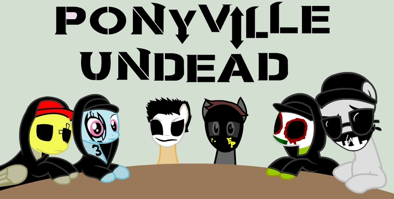 Size: 1130x570 | Tagged: safe, artist:koscielny, derpibooru import, oc, ponified, unofficial characters only, pony, album, album cover, charlie scene, clothes, da kurlzz, danny(hollywood undead), funny man, hollywood undead, hoodie, j-dog, johnny 3 tears, mask, parody, ponified album cover, rock