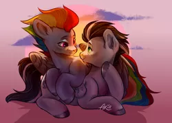 Size: 1400x1000 | Tagged: safe, artist:midnight_bats, derpibooru import, rainbow dash, soarin', pony, the last problem, cloud, female, looking at each other, male, older, older rainbow dash, older soarin', shipping, soarindash, straight, sunset