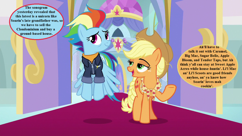 Size: 1280x720 | Tagged: safe, derpibooru import, edit, edited screencap, screencap, applejack, rainbow dash, pony, the last problem, applejack's hat, canterlot castle, cowboy hat, dialogue, granny smith's scarf, hat, implied carajack, implied pregnancy, implied shipping, implied soarindash, implied straight, implied sugarmac, implied tenderbloom, older, older applejack, older rainbow dash, speech bubble, wonderbolts jacket