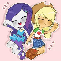 Size: 1200x1200 | Tagged: safe, artist:h0matsu, derpibooru import, applejack, rarity, equestria girls, applejack's hat, chibi, cowboy hat, cute, female, hat, holding hands, jackabetes, lesbian, peace sign, raribetes, rarijack, shipping