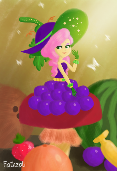 Size: 1763x2576 | Tagged: safe, artist:fathzoli, derpibooru import, fluttershy, butterfly, equestria girls, equestria girls series, holidays unwrapped, spoiler:eqg series (season 2), amanita, banana, clothes, coconut, cornucopia costumes, cute, digital art, digital painting, dress, female, food, fruit, grapes, hat, lineless, looking at you, orange, shyabetes, sitting, solo, strawberry, watermelon