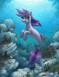 Size: 626x814 | Tagged: safe, artist:choedan-kal, derpibooru import, oc, oc:cork dork, unofficial characters only, pony, seapony (g4), female, mare, sea sponge, seaponified, solo, species swap, underwater