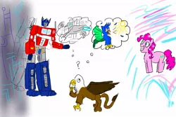 Size: 1095x730 | Tagged: safe, artist:horsesplease, derpibooru import, pinkie pie, oc, oc:laukadil, gryphon, robot, aten, autobot, chaos, clash of hasbro's titans, crowing, machine, optimus prime, order, pronking, self insert, sun