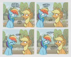 Size: 1280x1024 | Tagged: safe, artist:shutupjen, derpibooru import, applejack, rainbow dash, earth pony, pegasus, pony, angry, apple, apple tree, applejack's hat, artificial intelligence, comic, cowboy hat, dialogue, dub, duo, duo female, eyebrows visible through hair, female, fence, food, freckles, hat, mare, rainbow douche, smiling, speech bubble, sweet apple acres, text to speech, tree, vulgar