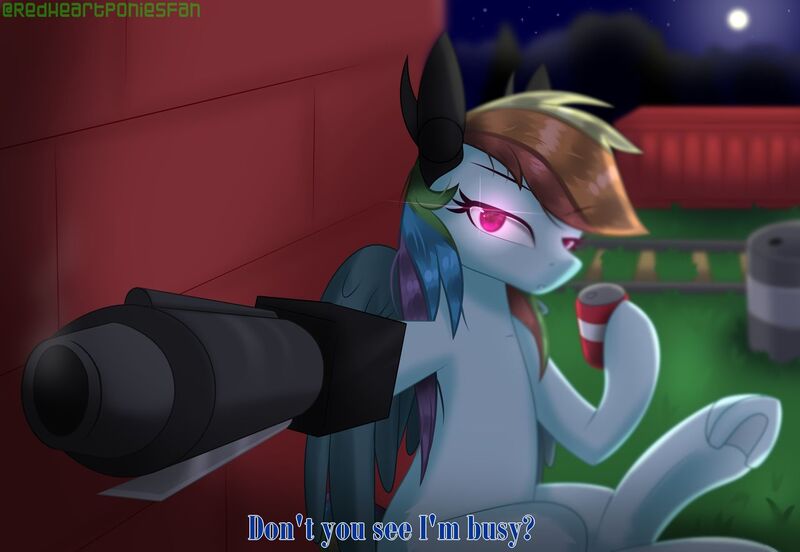 Size: 1280x883 | Tagged: safe, artist:redheartponiesfan, derpibooru import, rainbow dash, pony, elements of insanity, arm cannon, eye glint, frog (hoof), rainbine, rainbine ears, sitting, soda can, solo, subtitles, threatening, underhoof, weapon