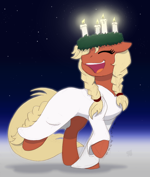 Size: 1032x1219 | Tagged: safe, artist:ravenpuff, deleted from derpibooru, derpibooru import, oc, oc:valkyria, earth pony, pony, candle, clothes, dress, female, mare, saint lucy's day, solo