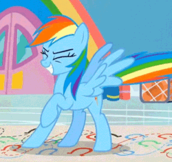 Size: 436x409 | Tagged: safe, derpibooru import, screencap, rainbow dash, pegasus, pony, she's all yak, adorkable, animated, bipedal, cropped, cute, dancing, dashabetes, dork, female, folded wings, gif, image, pony prance, solo, spread wings, wings
