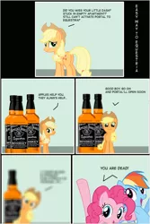 Size: 1000x1500 | Tagged: semi-grimdark, artist:jonies, derpibooru import, edit, applejack, pinkie pie, rainbow dash, earth pony, pegasus, pony, alcohol, alcohol poisoning, applejack daniel's, comic, dialogue, female, jack daniels, mare, portal to equestria, suicide, the equestria after death, whiskey