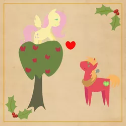 Size: 2000x2000 | Tagged: safe, anonymous artist, derpibooru import, big macintosh, fluttershy, pony, series:12 days of hearth's warming, series:fm holidays, 12 days of christmas, apple, apple tree, border, christmas, eyes closed, female, floating heart, fluttermac, food, heart, hearth's warming, holiday, holly, lidded eyes, looking down, looking up, male, pointy ponies, shipping, straight, texture, tree