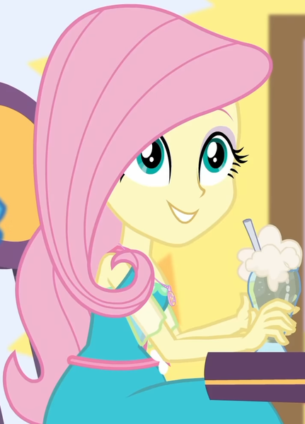 Size: 711x990 | Tagged: safe, derpibooru import, screencap, fluttershy, equestria girls, equestria girls series, holidays unwrapped, spoiler:eqg series (season 2), beverage, canterlot mall, chair, clothes, cropped, cute, dashing through the mall, dress, drink, female, flower, geode of fauna, jewelry, looking up, magical geodes, mall, necklace, shyabetes, sitting, smiling, straw, table, waistband