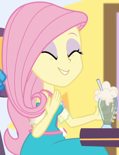 Size: 749x978 | Tagged: safe, derpibooru import, screencap, fluttershy, equestria girls, equestria girls series, holidays unwrapped, spoiler:eqg series (season 2), beverage, canterlot, chair, clothes, cropped, cute, dashing through the mall, dress, drink, eyes closed, female, flower, geode of fauna, jewelry, magical geodes, mall, necklace, shyabetes, sitting, smiling, straw, table, waistband