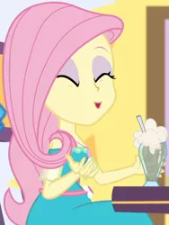 Size: 738x984 | Tagged: safe, derpibooru import, screencap, fluttershy, equestria girls, equestria girls series, holidays unwrapped, spoiler:eqg series (season 2), beverage, canterlot mall, chair, clothes, cropped, cute, dashing through the mall, dress, drink, eyes closed, female, flower, geode of fauna, jewelry, magical geodes, mall, necklace, shyabetes, sitting, smiling, straw, table, waistband
