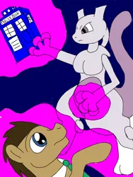 Size: 768x1024 | Tagged: safe, artist:wolfspiritclan, derpibooru import, doctor whooves, time turner, oc, earth pony, mewtwo, pony, doctor who, pokémon, tardis