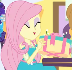 Size: 1004x980 | Tagged: safe, derpibooru import, screencap, fluttershy, rarity, equestria girls, equestria girls series, holidays unwrapped, spoiler:eqg series (season 2), applejack's hat, canterlot mall, chair, clothes, cowboy hat, cropped, dashing through the mall, dress, eyes closed, female, flower, geode of fauna, gift giving, hat, jewelry, magical geodes, mall, necklace, present, sitting, smiling, solo focus, table, waistband