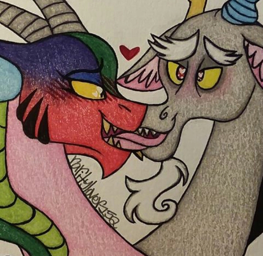 Size: 540x525 | Tagged: questionable, artist:raritylover152, derpibooru import, idw, cosmos (character), discord, draconequus, spoiler:comic, coscord, female, kissing, male, shipping, straight, tongue out, traditional art