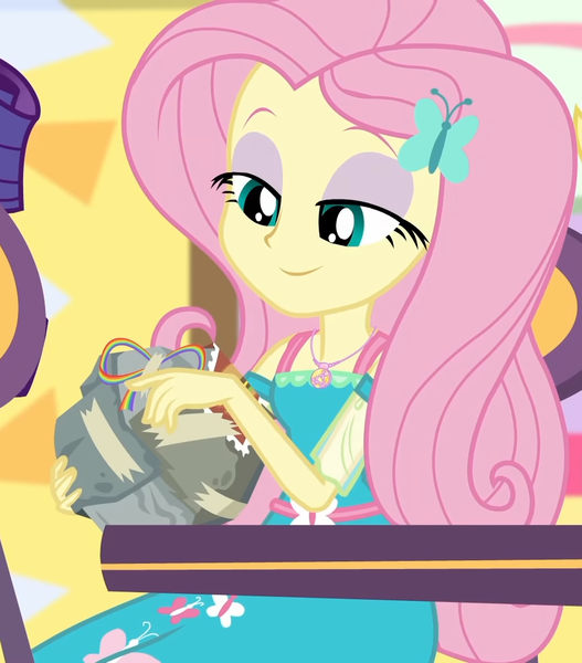 Size: 949x1080 | Tagged: safe, derpibooru import, screencap, fluttershy, equestria girls, equestria girls series, holidays unwrapped, spoiler:eqg series (season 2), bad gift wrapping, burger, canterlot mall, chair, clothes, cropped, cute, dashing through the mall, dress, female, flower, food, geode of fauna, gift giving, gift wrapped, hairclip, jewelry, magical geodes, mall, necklace, present, shyabetes, sitting, stamp, table, waistband