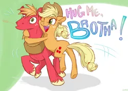 Size: 2328x1650 | Tagged: safe, artist:graystripe64, derpibooru import, applejack, big macintosh, earth pony, pony, brother and sister, drake & josh, female, heartwarming, hug, male, siblings, stallion