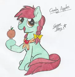 Size: 1373x1410 | Tagged: safe, artist:serenepony, deleted from derpibooru, derpibooru import, candy apples, earth pony, pony, apple, apple family member, bow, braid, candy apple (food), caramel apple (food), female, food, hair bow, mare, neckerchief, pigtails, simple background, smiling, solo, traditional art