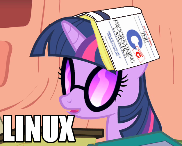 Size: 626x501 | Tagged: safe, derpibooru import, twilight sparkle, pony, unicorn, book, c, female, golden oaks library, inverted mouth, k&r, linux, mare, open mouth, programming, smiling, sunglasses, text