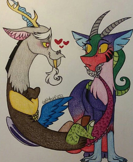 Size: 431x527 | Tagged: artist:raritylover152, coscord, cosmos (character), derpibooru import, discord, draconequus, female, heart, heart eyes, idw, in love, male, safe, shipping, spoiler:comic, straight, traditional art, wingding eyes