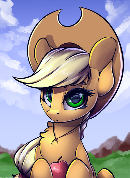 Size: 2200x3000 | Tagged: safe, artist:skitsniga, derpibooru import, applejack, earth pony, pony, apple, applejack's hat, cowboy hat, cute, digital art, female, food, hat, jackabetes, looking at you, mare, smiling, solo, stetson