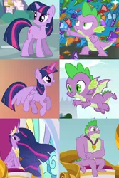 Size: 928x1392 | Tagged: safe, derpibooru import, edit, edited screencap, screencap, princess twilight 2.0, spike, twilight sparkle, twilight sparkle (alicorn), alicorn, dragon, pony, unicorn, father knows beast, owl's well that ends well, the last problem, the ticket master, three's a crowd, claws, collage, cropped, ethereal mane, female, gigachad spike, male, mare, medal, older, older spike, older twilight, ultimate twilight, unicorn twilight, winged spike