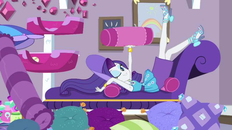 Size: 854x480 | Tagged: safe, derpibooru import, edit, edited screencap, screencap, rarity, camping must-haves, equestria girls, equestria girls series, spoiler:eqg series (season 2), armpits, clothes, high heels, legs, legs in air, looking at you, nail polish, one eye closed, open-toed shoes, pencil skirt, rarity's bedroom, sandals, sexy, shoes, skirt, toenail polish, wink