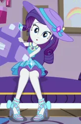 Size: 480x732 | Tagged: safe, derpibooru import, edit, edited screencap, screencap, rarity, camping must-haves, equestria girls, equestria girls series, spoiler:eqg series (season 2), :o, clothes, cropped, cute, female, geode of shielding, hat, high heels, legs, magical geodes, nail polish, open mouth, open-toed shoes, pencil skirt, pillow, raribetes, rarity's bedroom, sandals, sexy, shoes, sitting, skirt, solo, toenail polish