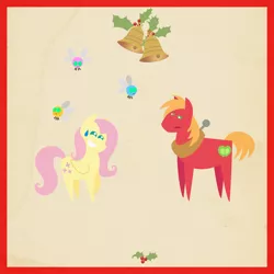 Size: 2000x2000 | Tagged: safe, anonymous artist, derpibooru import, big macintosh, fluttershy, parasprite, pony, series:12 days of hearth's warming, series:fm holidays, 12 days of christmas, bell, big macintosh is not amused, border, christmas, female, fluttermac, grin, hearth's warming, holiday, holly, male, nervous, nervous grin, pointy ponies, shipping, smiling, straight, sweat, sweatdrop, texture