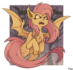 Size: 1904x1822 | Tagged: safe, artist:shinju-fury, derpibooru import, fluttershy, bat pony, bats!, bat ponified, fangs, flutterbat, night, race swap, signature, solo, spread wings, wings