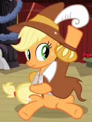 Size: 794x1058 | Tagged: safe, derpibooru import, screencap, applejack, smart cookie, pony, hearth's warming eve (episode), backstage, canterlot, clothes, cropped, cute, dressing, feather, feathered hat, hat, hearth's warming eve, jackabetes, outfit, stage