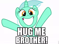 Size: 960x720 | Tagged: safe, derpibooru import, edit, lyra heartstrings, pony, unicorn, caption, cute, drake & josh, female, happy, hug me brother!, hug request, image macro, lyrabetes, mare, meme, reference, simple background, talking to viewer, text, white background