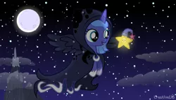 Size: 800x457 | Tagged: safe, artist:creativeli3, derpibooru import, princess luna, spirit of hearth's warming yet to come, twinkle wish, alicorn, pony, a hearth's warming tail, twinkle wish adventure, cute, female, filly, full moon, hnnng, hoof shoes, luna day, lunabetes, moon, night, sleeping cap, woona, younger