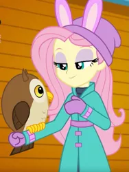 Size: 771x1027 | Tagged: safe, derpibooru import, screencap, chad (owl), fluttershy, bird, owl, equestria girls, equestria girls series, holidays unwrapped, spoiler:eqg series (season 2), clothes, coat, cropped, cute, hat, mittens, self-storage facility, solo, winter break-in, winter coat, winter outfit