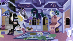 Size: 1280x720 | Tagged: safe, derpibooru import, screencap, discord, fluttershy, draconequus, pegasus, pony, dungeons and discords, animated, blushing, covering mouth, duo, female, fluttershy's cottage, inverted colors, male, mare, opposite discord, opposite fluttershy, sound, webm