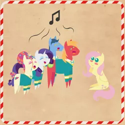 Size: 2000x2000 | Tagged: safe, anonymous artist, derpibooru import, big macintosh, fluttershy, rarity, toe-tapper, torch song, pony, series:12 days of hearth's warming, series:fm holidays, 12 days of christmas, big eyes, blush sticker, blushing, border, christmas, clothes, cute, eyes closed, female, fluttermac, hearth's warming, holiday, lidded eyes, looking at each other, male, music notes, pointy ponies, ponytones, ponytones outfit, shipping, shyabetes, singing, sitting, smiling, straight, sweater, texture