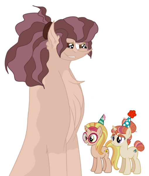 Size: 1736x2048 | Tagged: safe, artist:elhybridtrash, derpibooru import, honey lemon, moondancer's sister, morning roast, earth pony, pony, unicorn, chest fluff, ear fluff, female, glasses, hat, headband, honeyroast, lesbian, magical lesbian spawn, mare, markings, offspring, parent:honey lemon, parent:morning roast, parents:honeyroast, party hat, shipping, simple background, white background