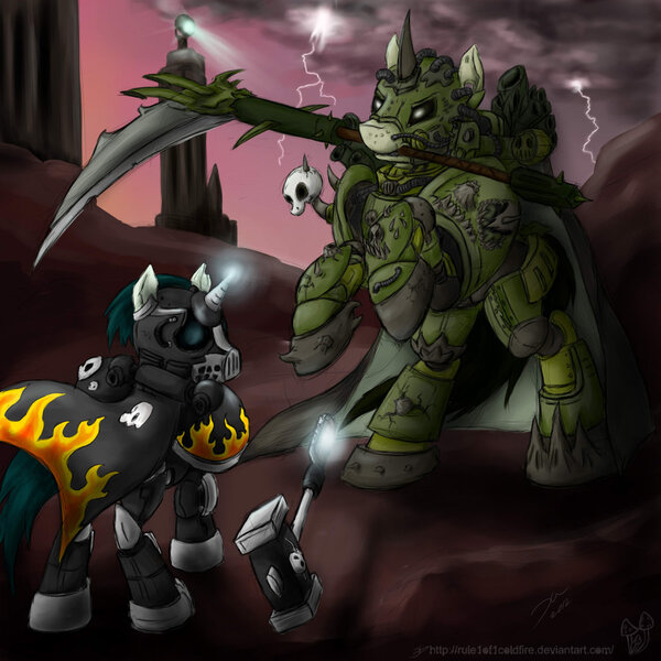 Size: 900x900 | Tagged: safe, artist:rule1of1coldfire, derpibooru import, ponified, pony, armor, battle suit, hammer, scythe, tifus, warhammer (game), warhammer 40k